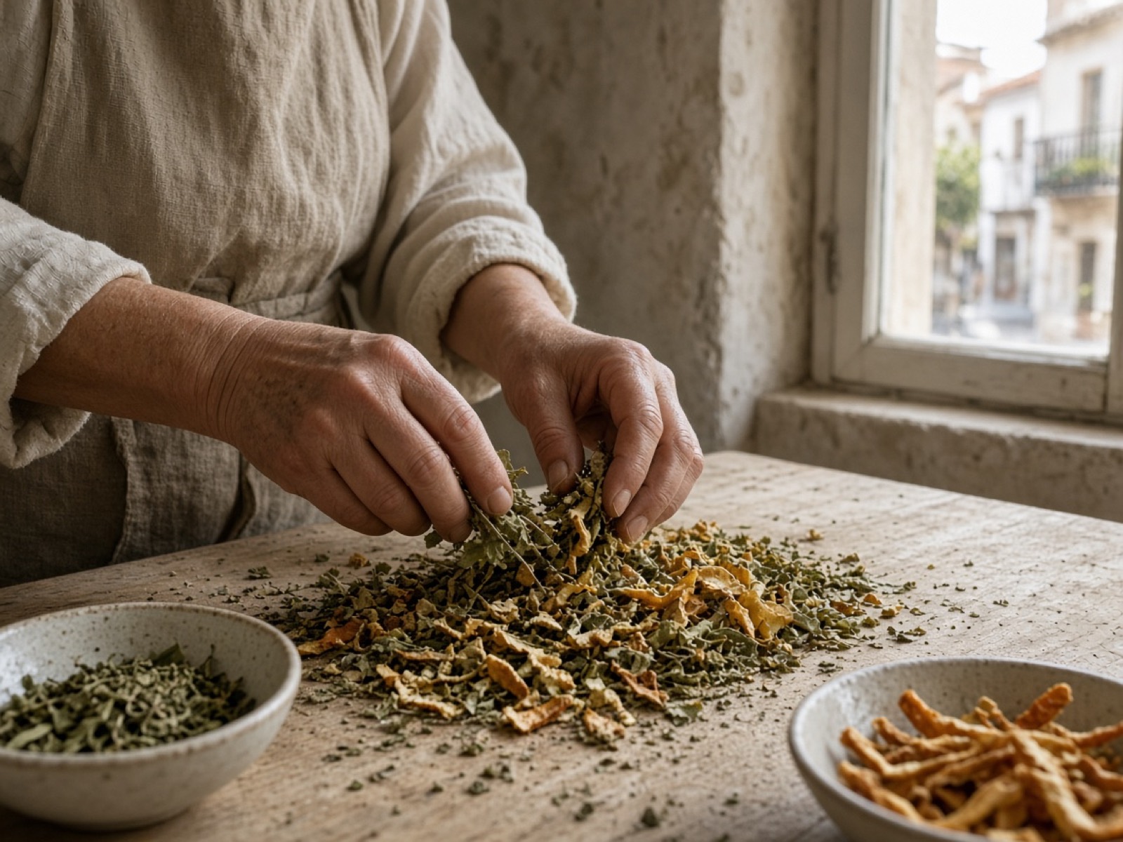 Χέρια που ετοιμάζουν φλούδες εσπεριδοειδών και αποξηραμένα βότανα σε ξύλινο τραπέζι